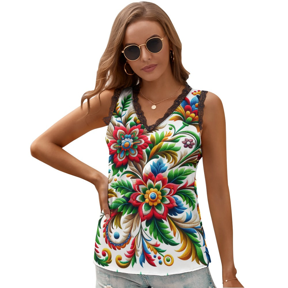 Black Chrysanthemum Women's V-Neck Sleeveless Top (F13)